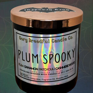 Plum Spooky Crackling Wood Wick Candle: Plum Cinnamon Patchouli Cashmere Wood